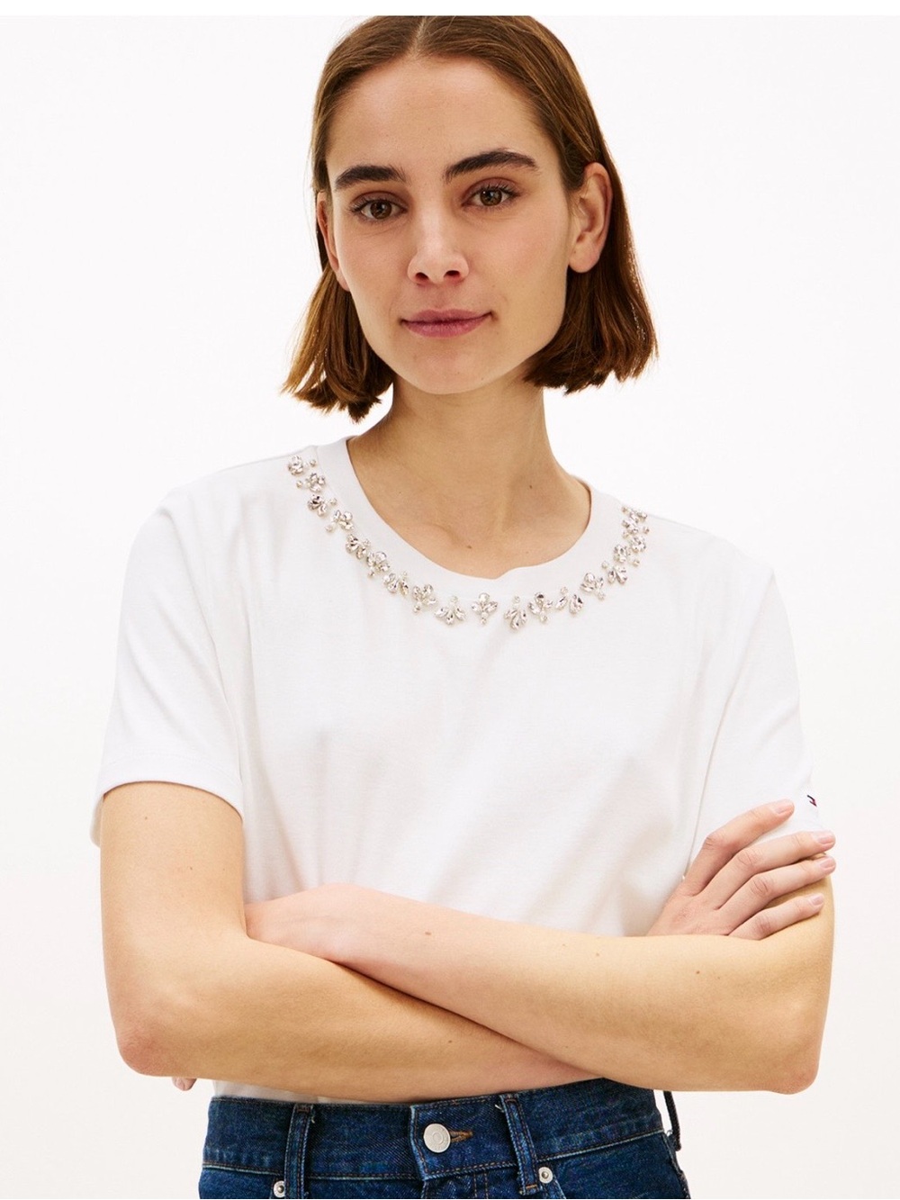 Tommy Hilfiger White Rhinestone-Trim Crewneck Tee